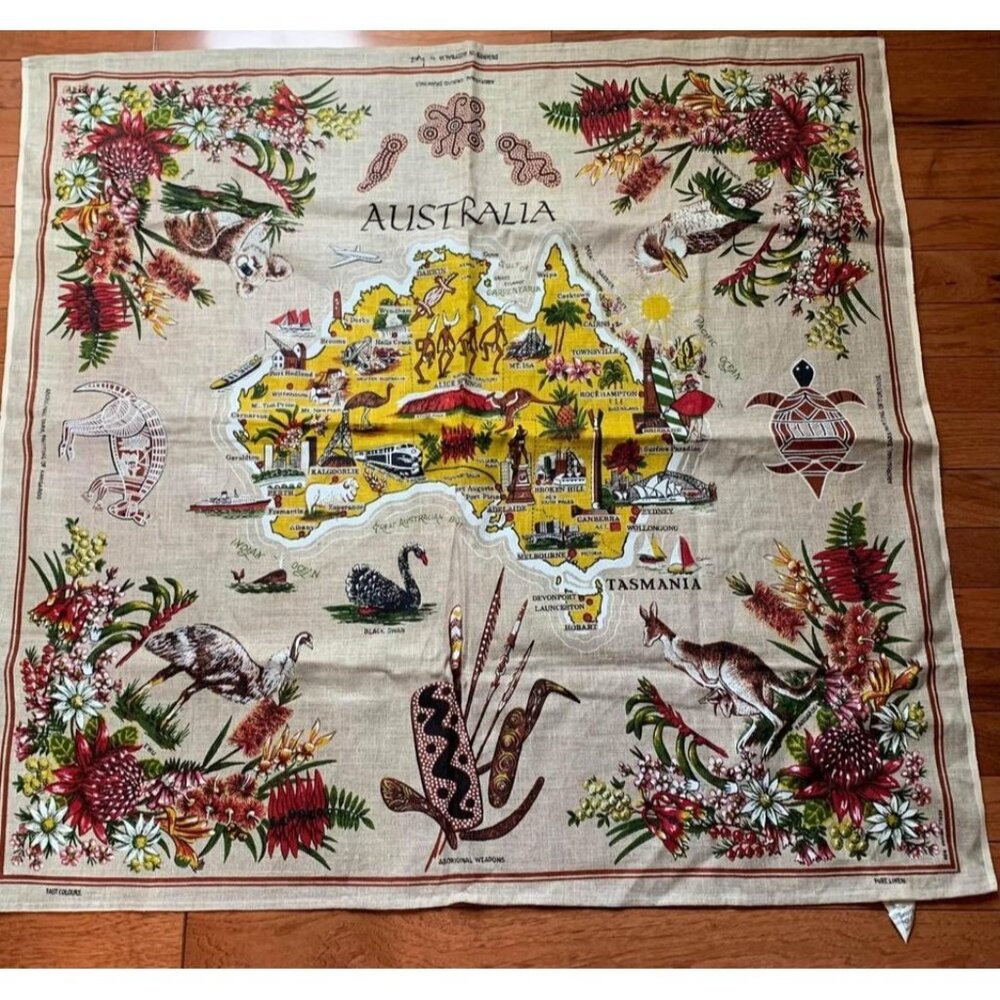 Vintage Australia Map Linen Tea Towel 36" Aboriginal Art Design By Heil Australi
